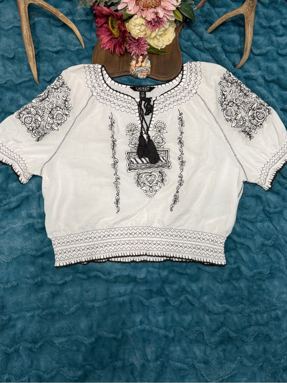 Lauren Ralph Lauren L Embroidered Cropped Peasant Blouse Boho Tassel Top